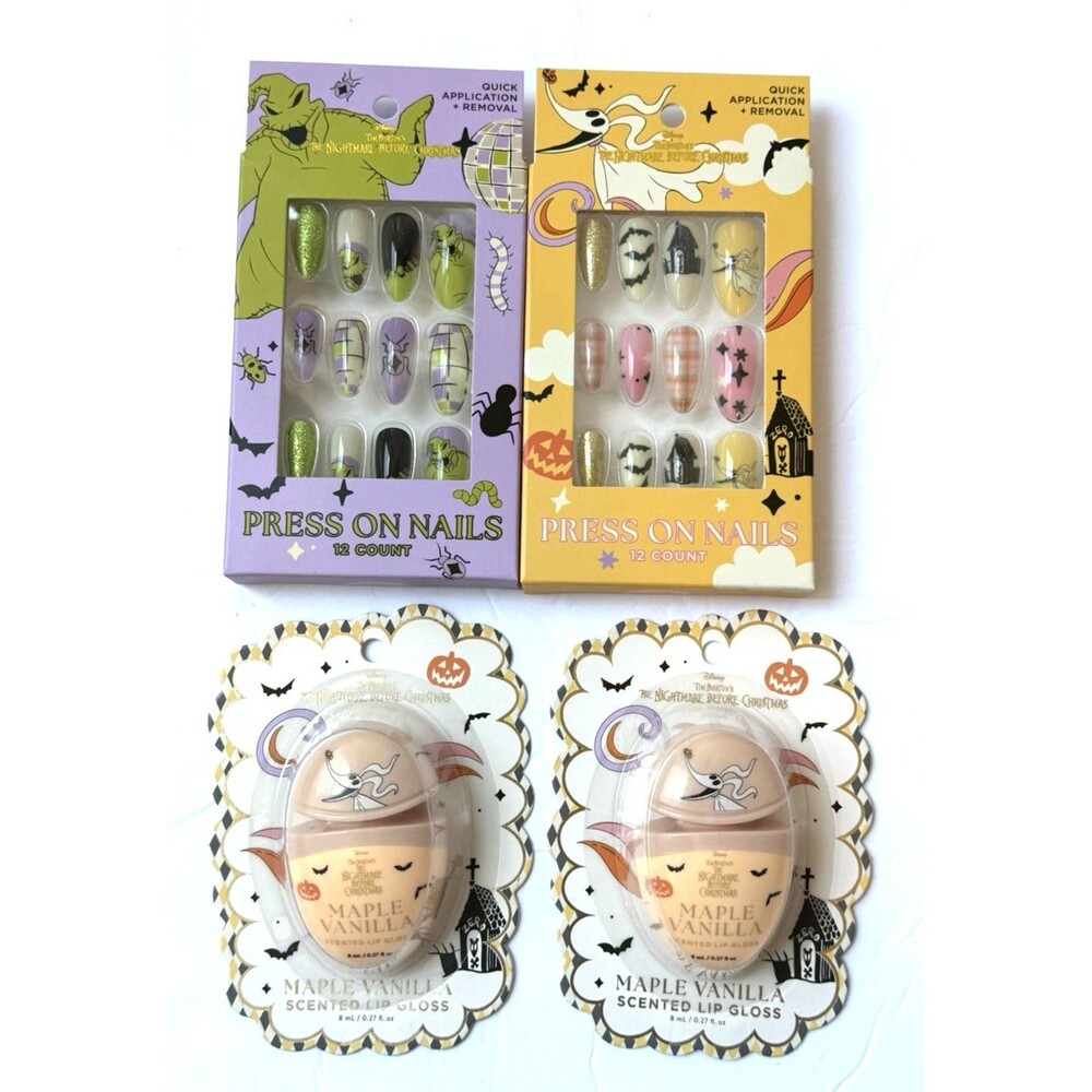 4pk Disney Nightmare Before Christmas Press On Nails Long Almond And 2 Lipgloss